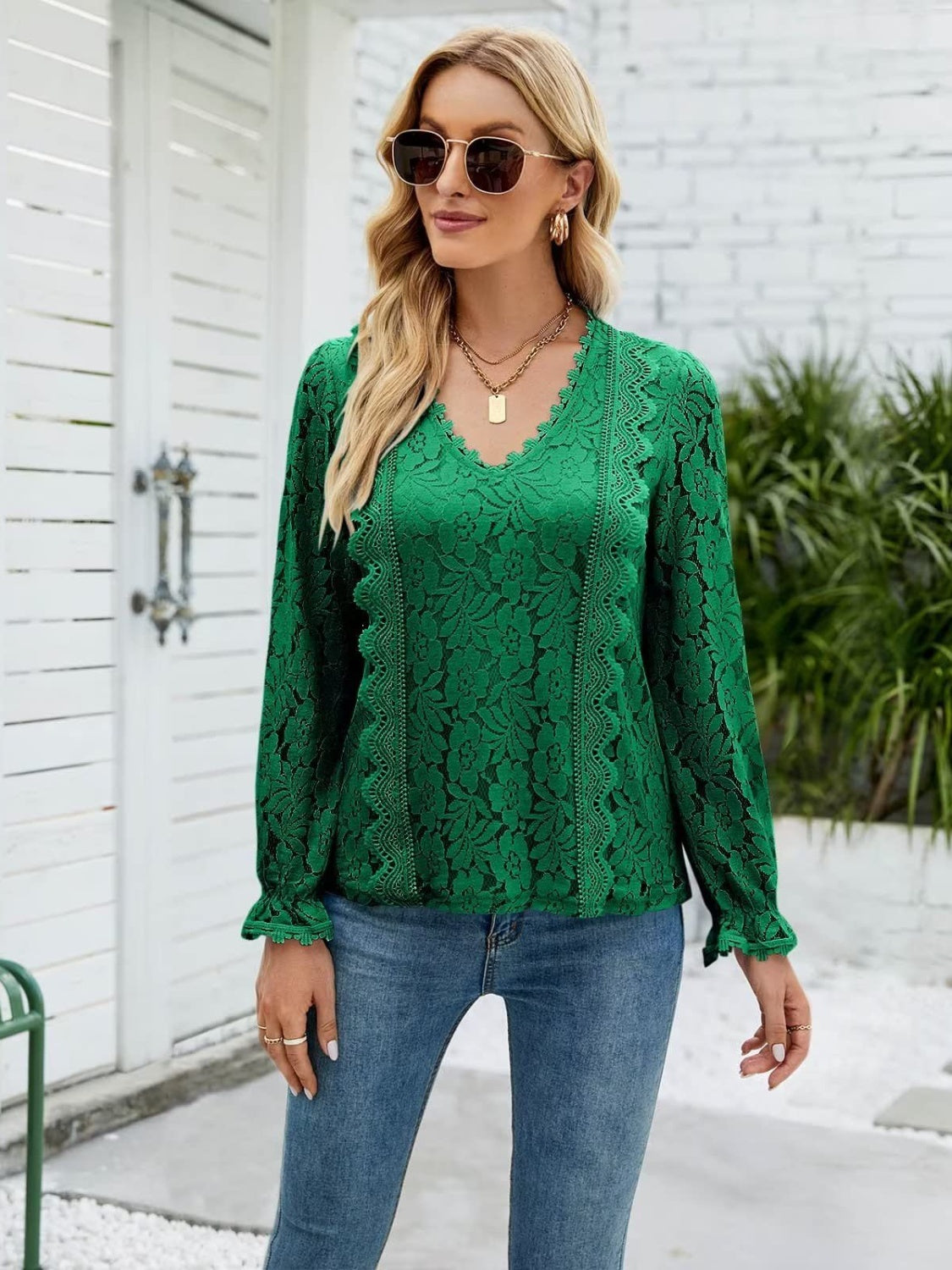 Lace V-Neck Flounce Sleeve Blouse - Tigbuls Variety Fashion