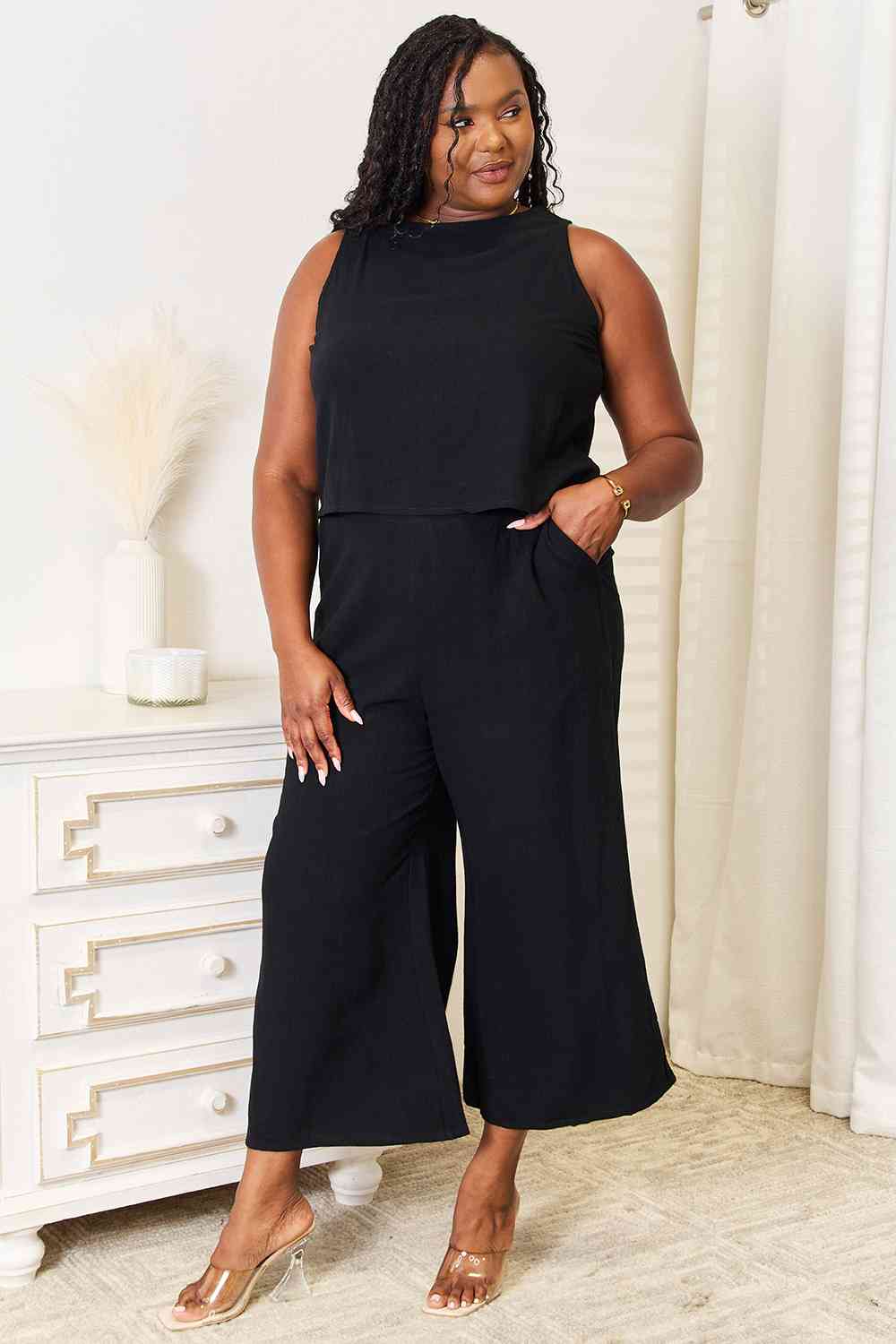 Double Take Buttoned Round Neck Tank and Wide Leg Pants Set - Tigbuls Variety Fashion