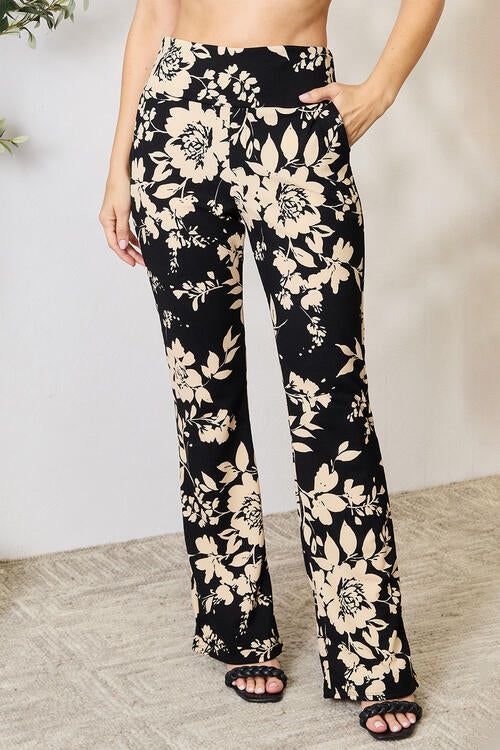  High Waist Floral Flare Pants Black/Taupe- Tigbuls Variety Fashion