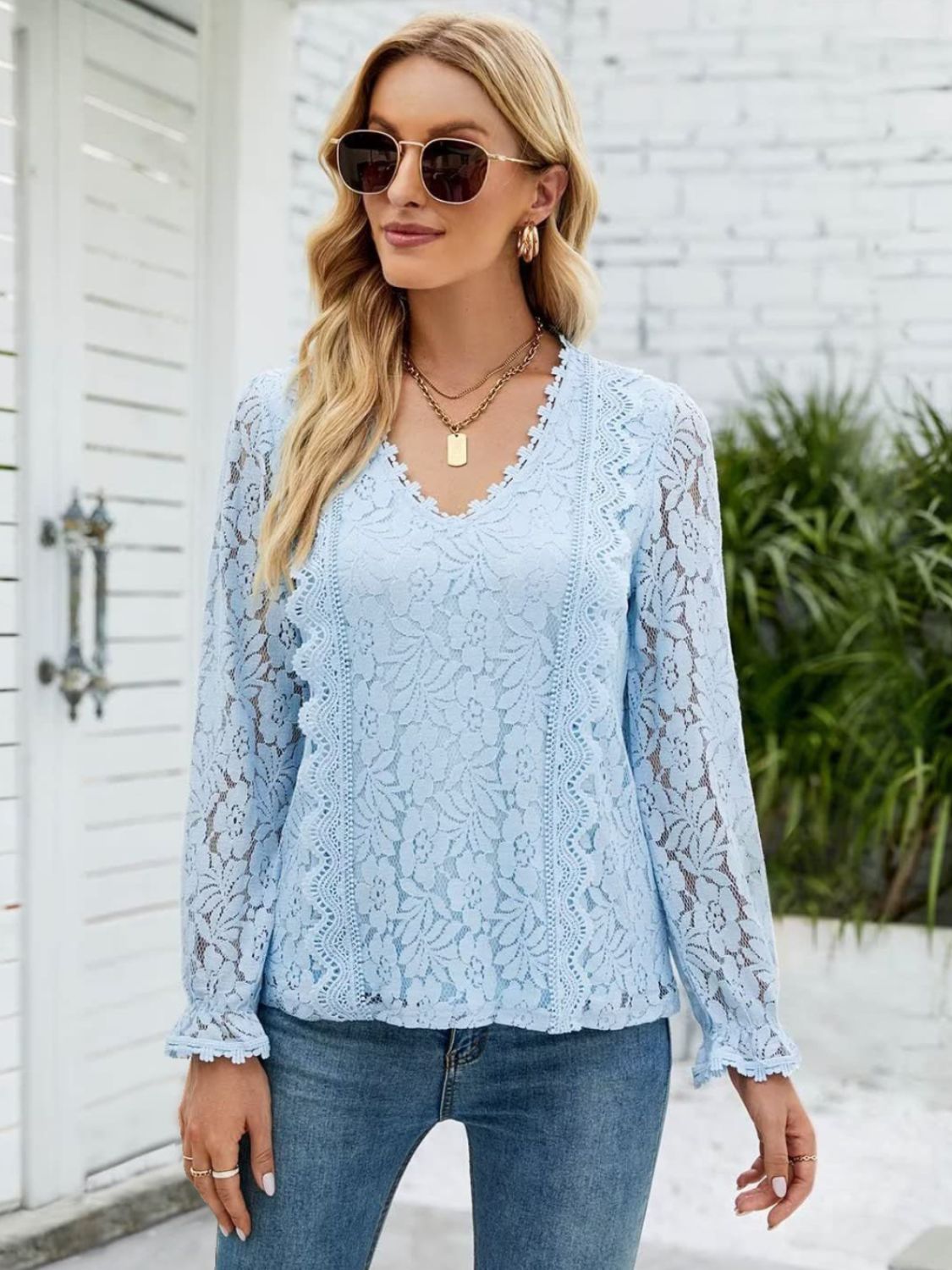 Lace V-Neck Flounce Sleeve Blouse - Tigbuls Variety Fashion