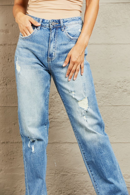 Distressed High Waisted Straight Blue Jeans - Tigbul's Fashion