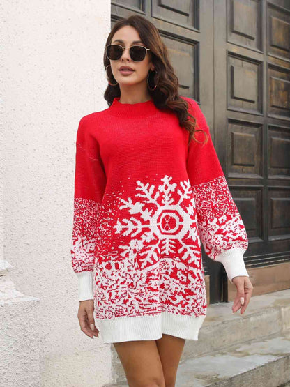 Snowflake Pattern Sweater Dress - Tigbuls Variety Fashion