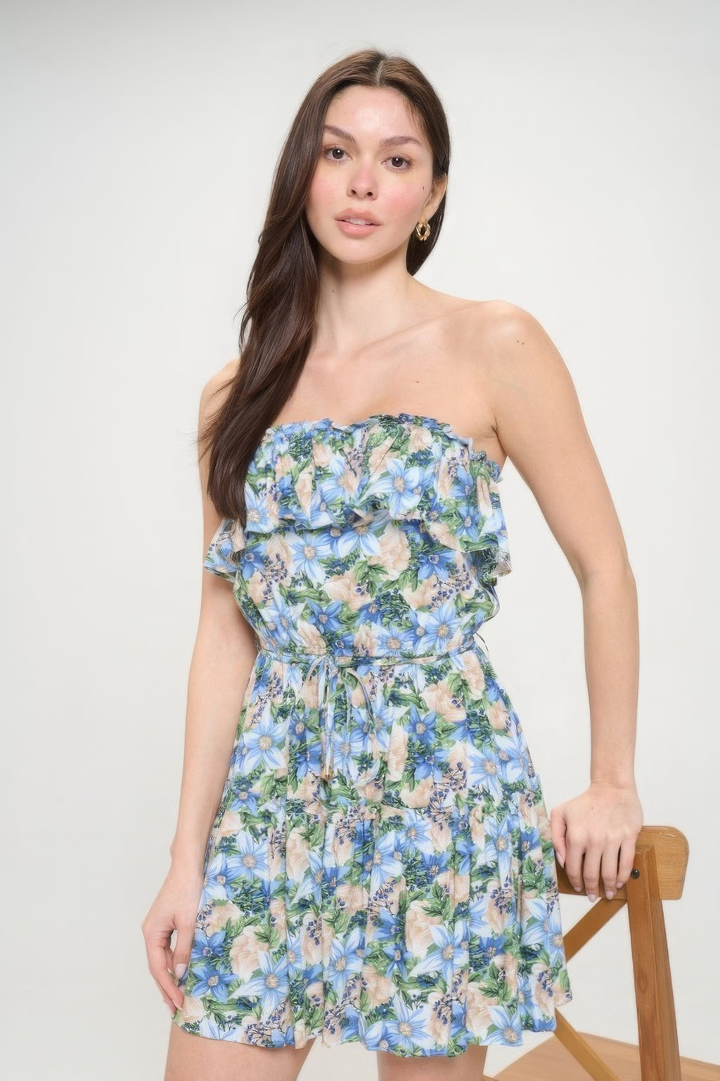 Rüschen-Bandeau-Minikleid mit Blumenprint, blau-grün, geraffter Oberteil