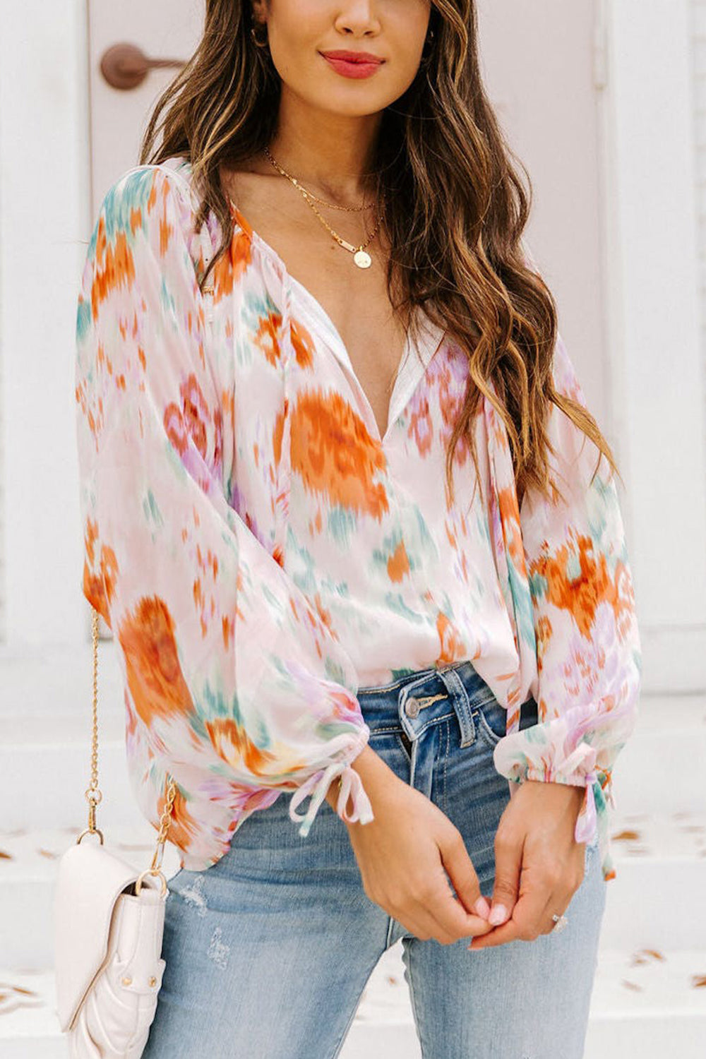 Printed Tie Neck Long Sleeve Blouse - Tigbuls Fashion