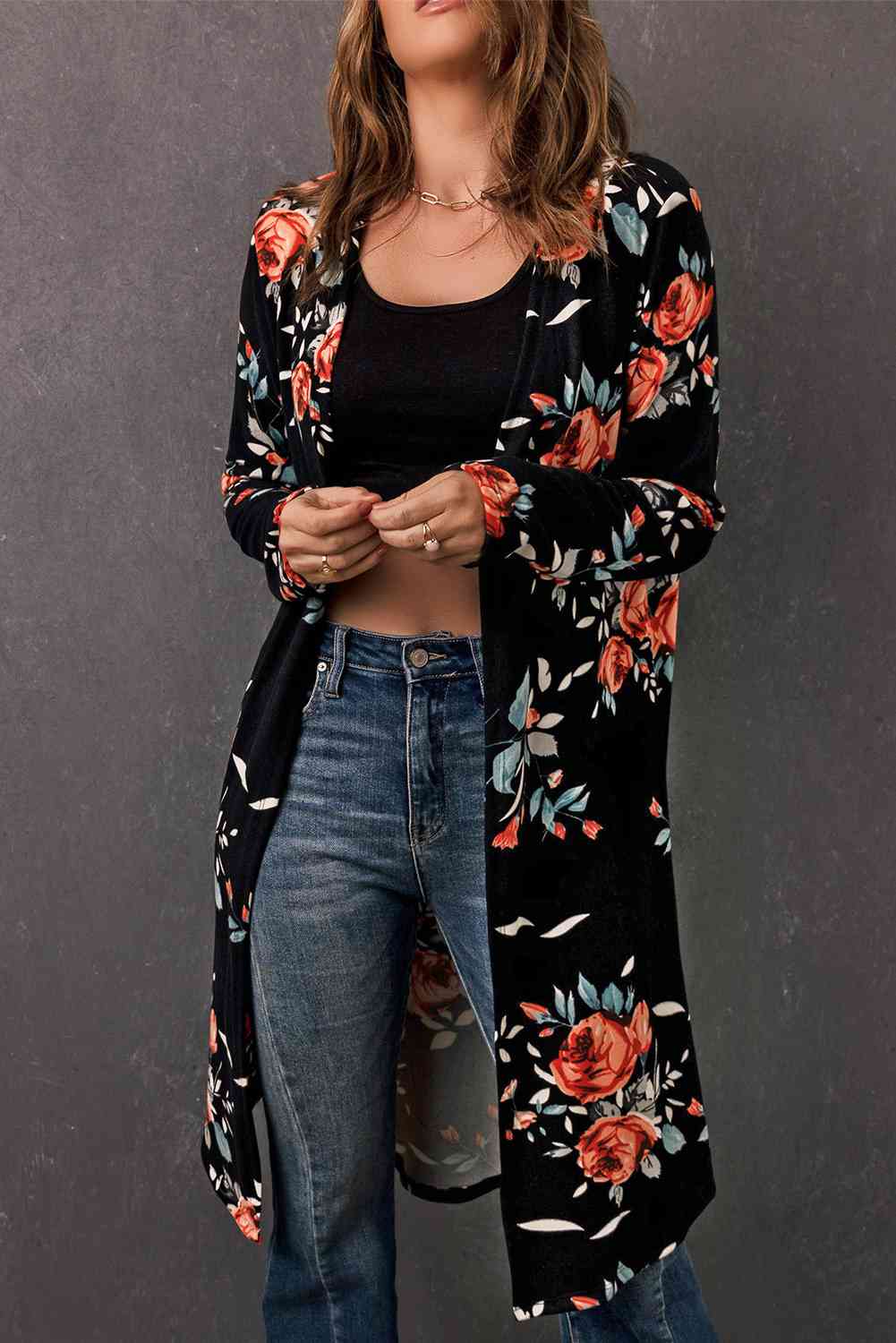 Double Take Printed Open Front Longline Cardigan - Tigbuls Variety Fashion