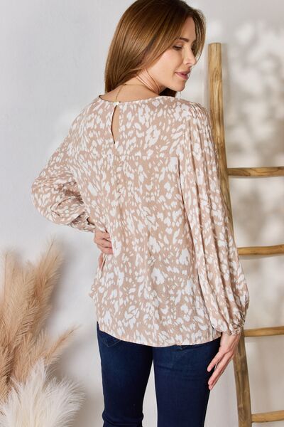 Embroidered Printed Balloon Sleeve Blouse in Taupe - Tigbuls Variety Fashion