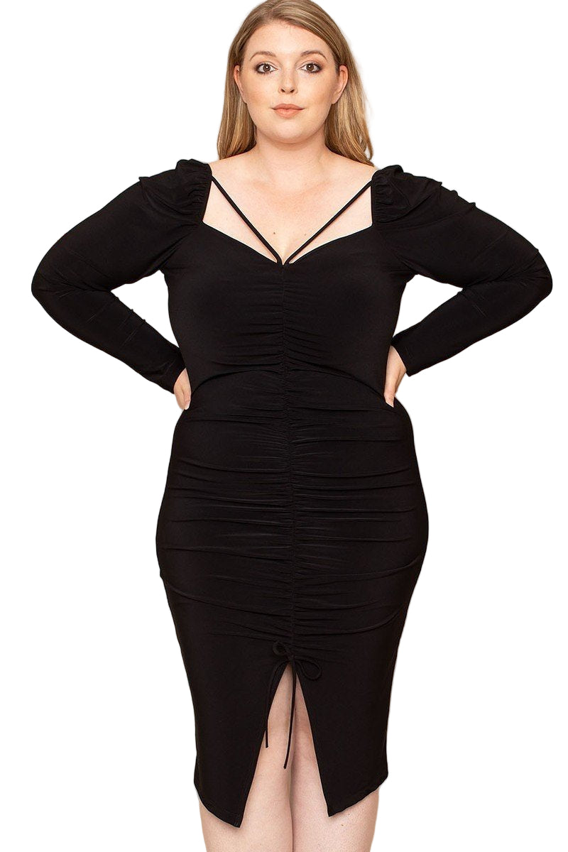 Black Shirring Detailed Back Plus Size Dress - Tigbul's Variety Fashion Shop