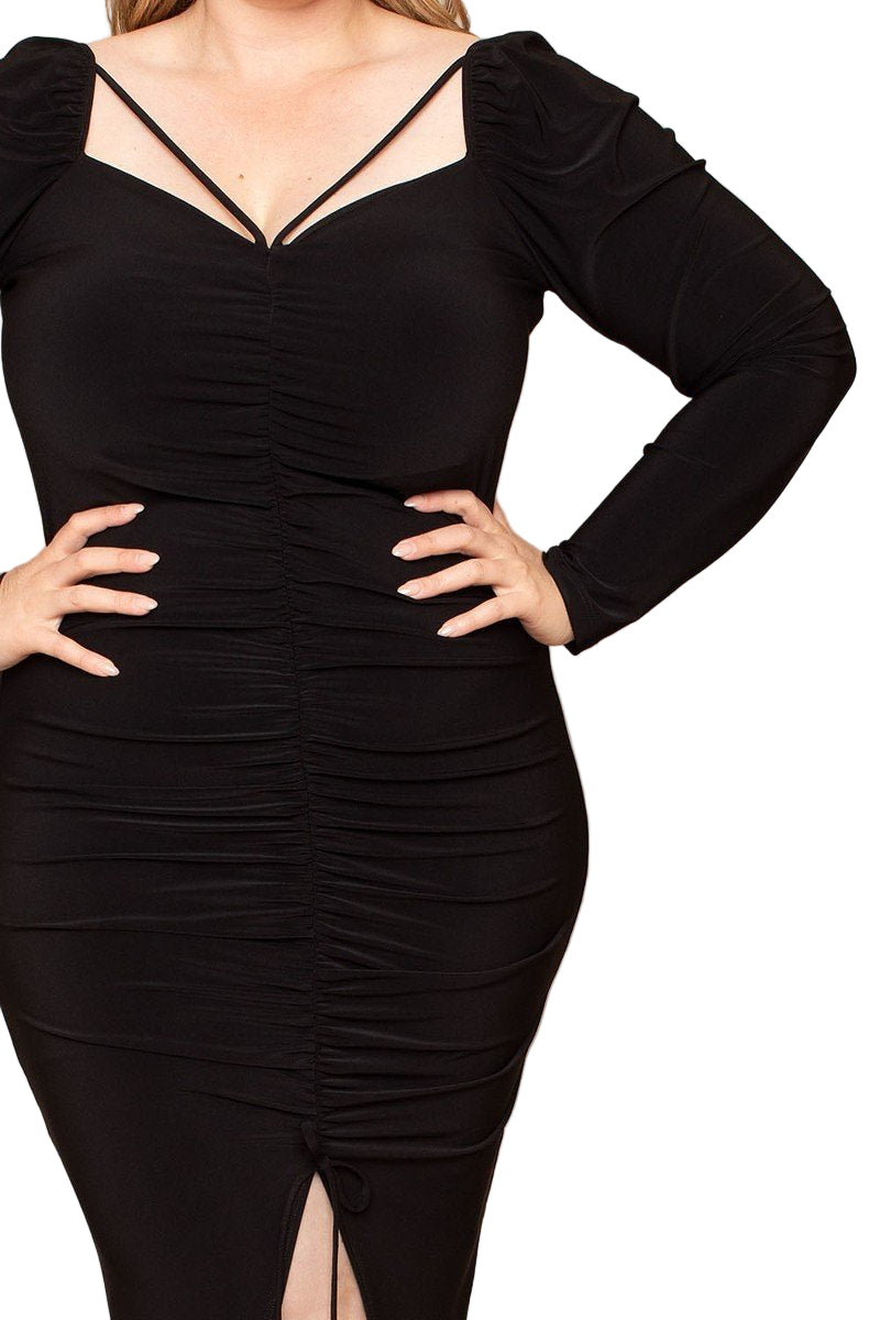 Black Shirring Detailed Back Plus Size Dress - Tigbul's Variety Fashion Shop