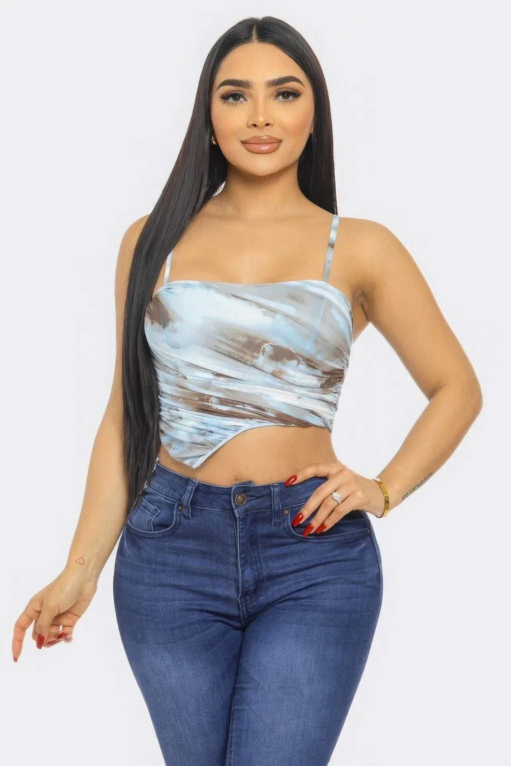 Blue multicolor mesh print crop top with spaghetti straps and ruched front