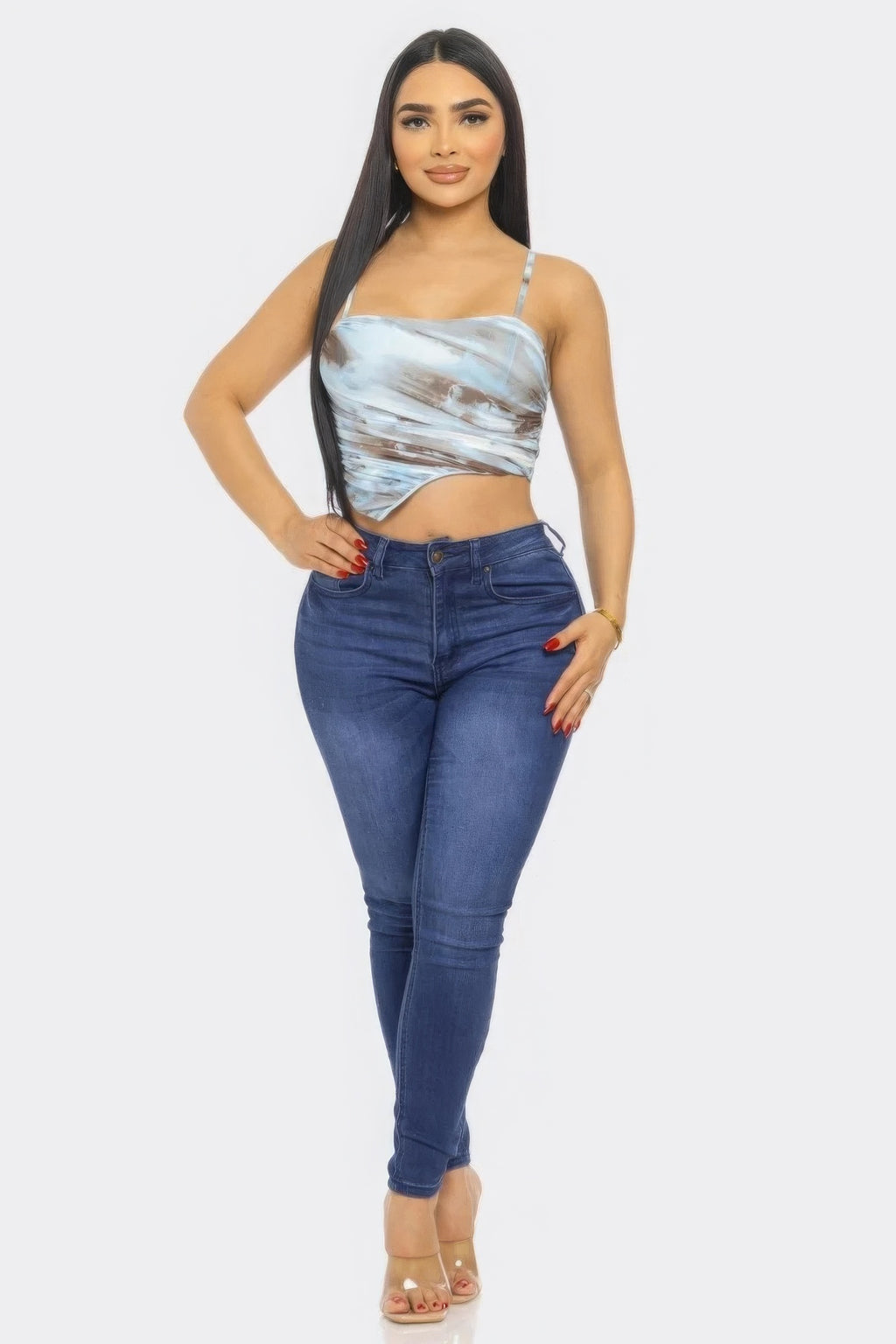 Blue multicolor mesh print crop top with ruched front and spaghetti straps