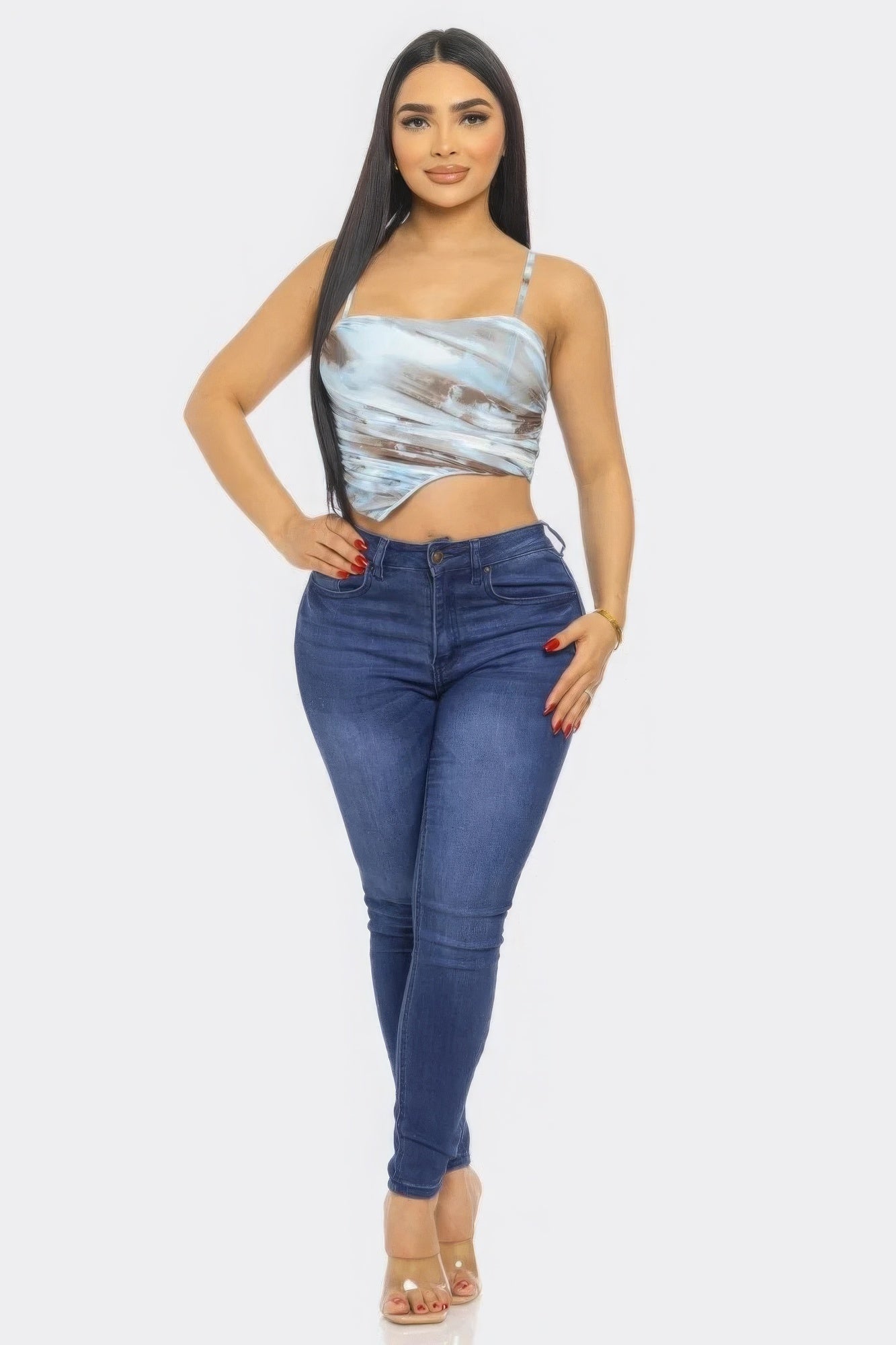 Blue multicolor mesh print crop top with ruched front and spaghetti straps