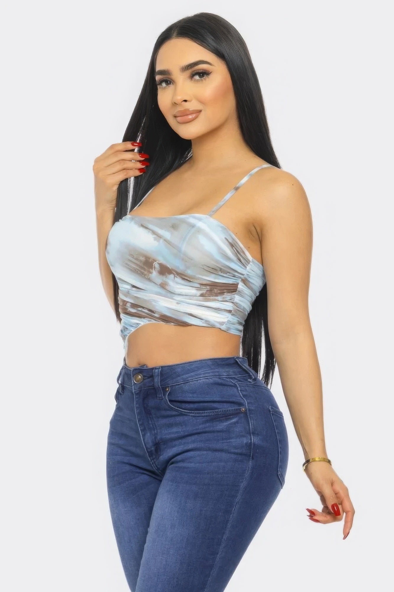 Blue multicolor mesh print cami crop top, ruched bust, spaghetti straps