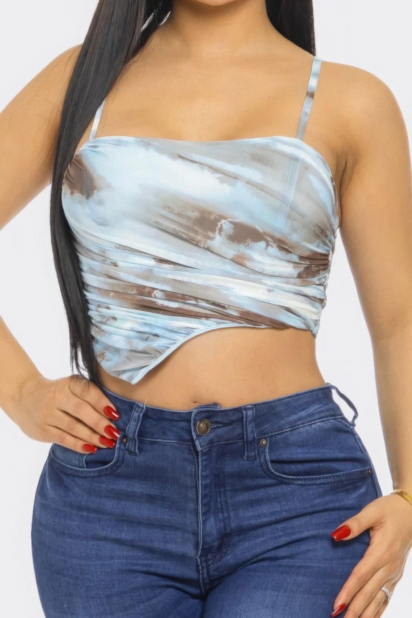 Blue multicolor mesh print ruched crop top detail with spaghetti straps