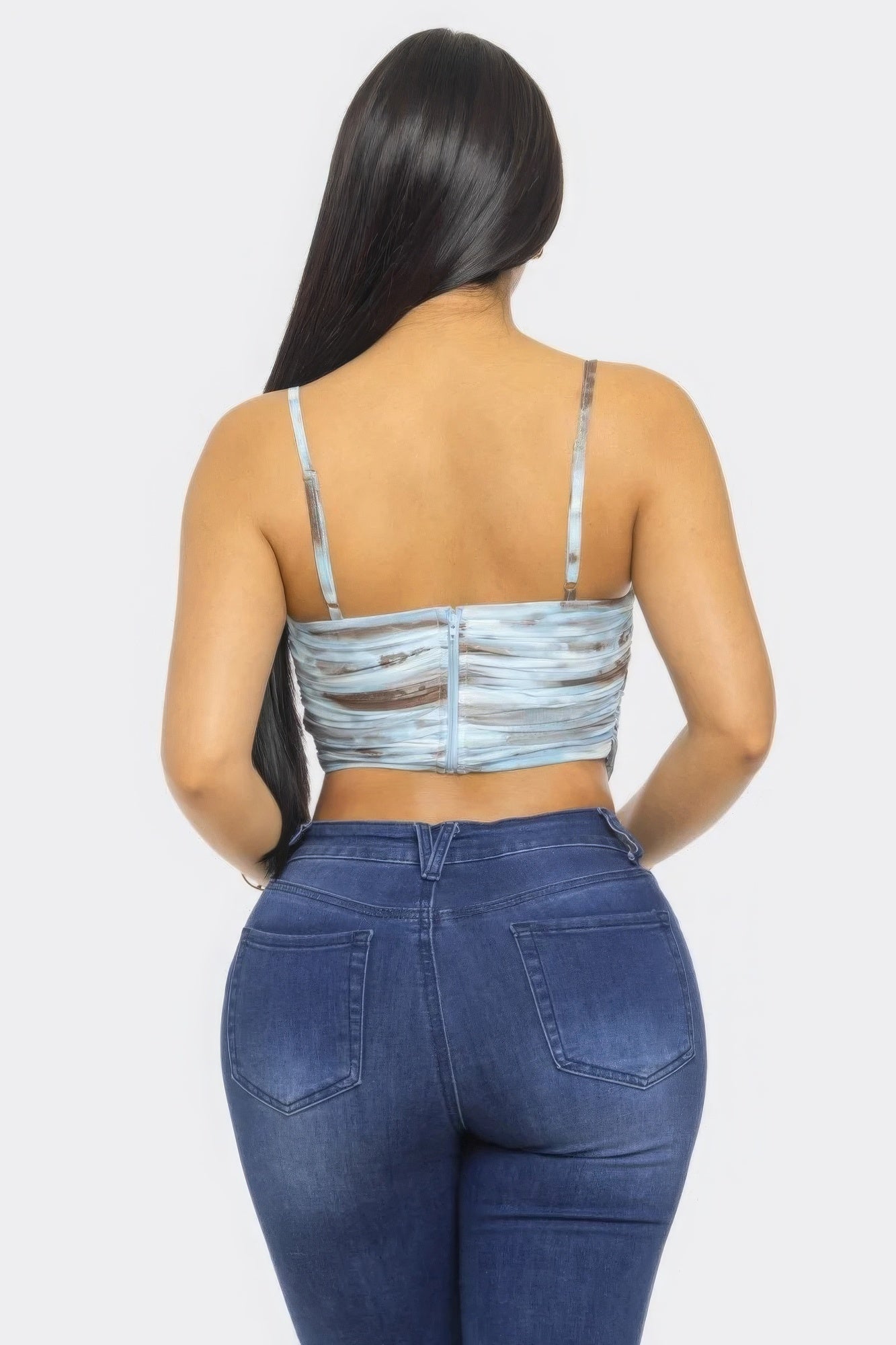 Back view: Blue multicolor mesh print crop top with straight spaghetti straps