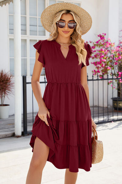 Ruched Notched Cap Sleeve Dress - Tigbuls Variety Fashion