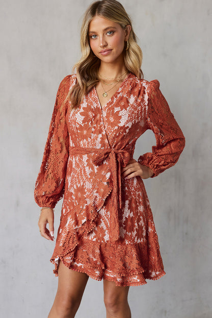 Pompom Trim Puff Sleeve Belted Lace Dress - Tigbul's Fashion