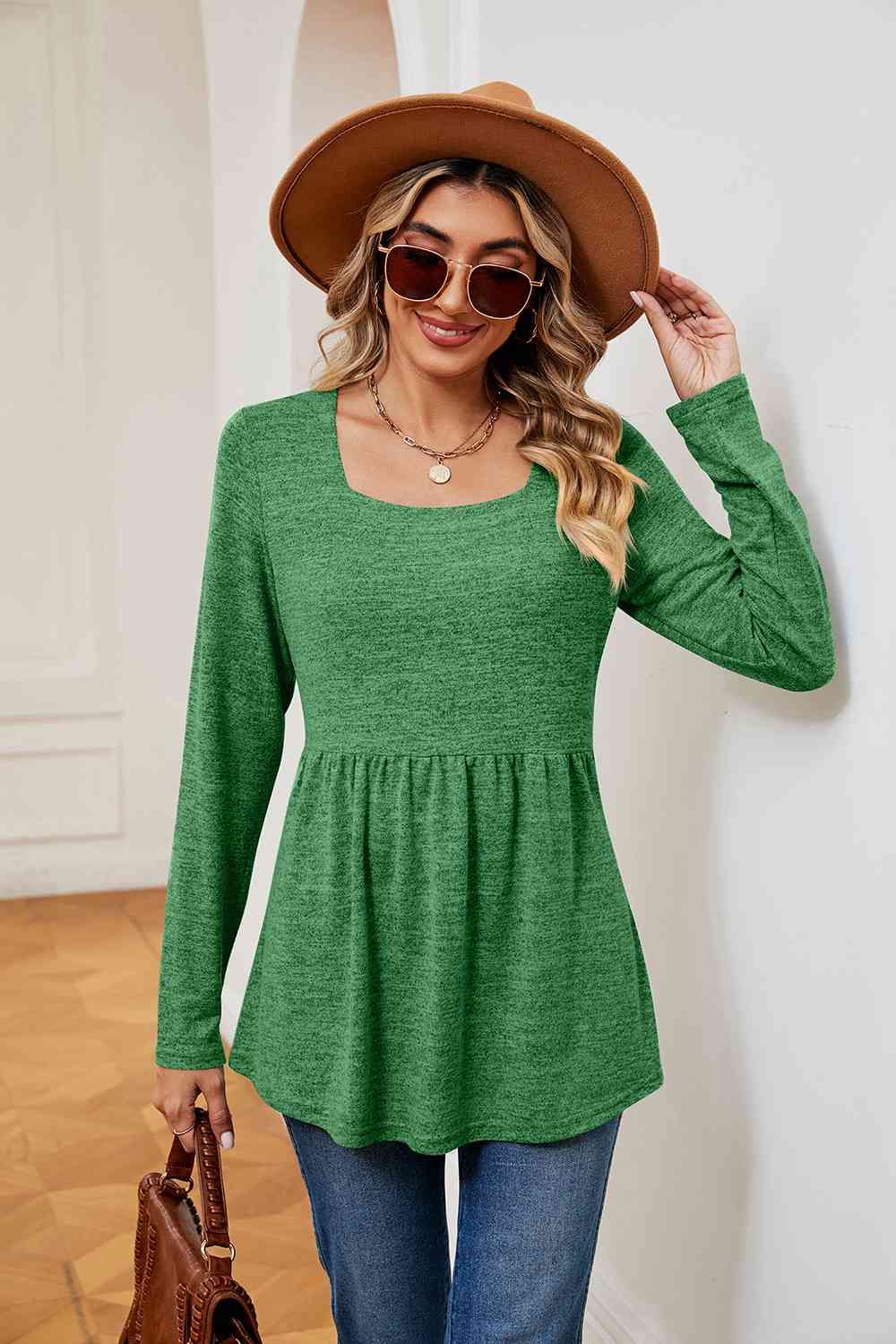 Square Neck Long Sleeve Peplum Top - Tigbuls Variety Fashion