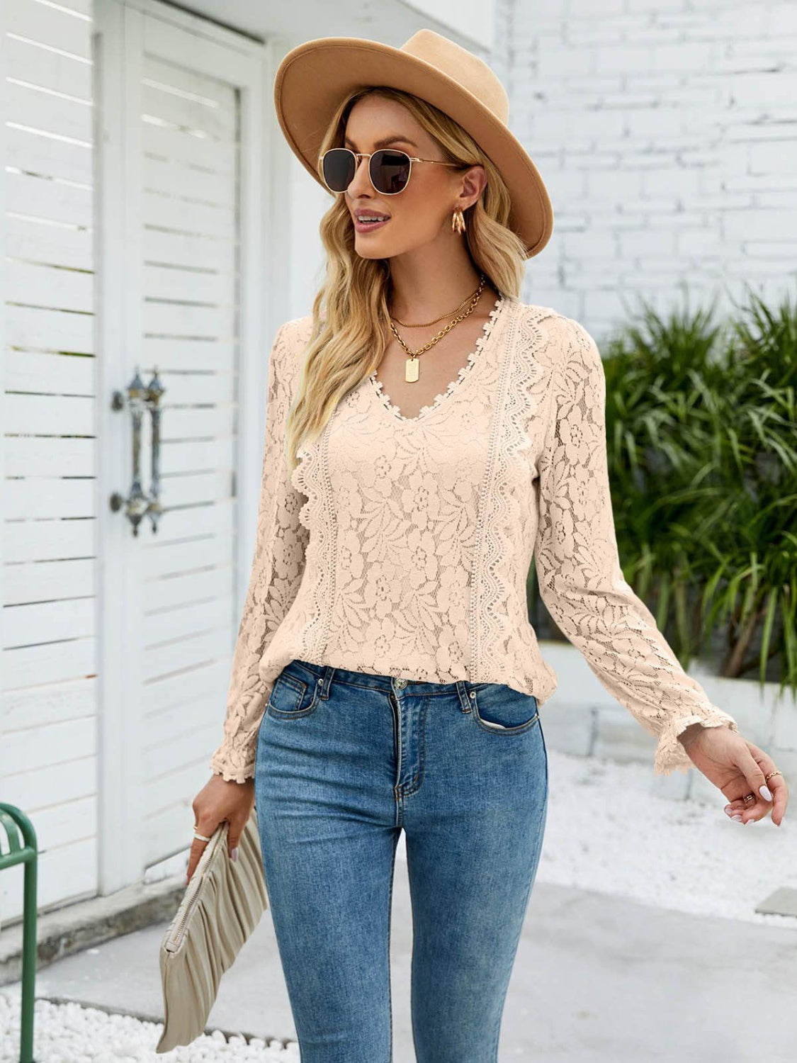 Lace V-Neck Flounce Sleeve Blouse - Tigbuls Variety Fashion