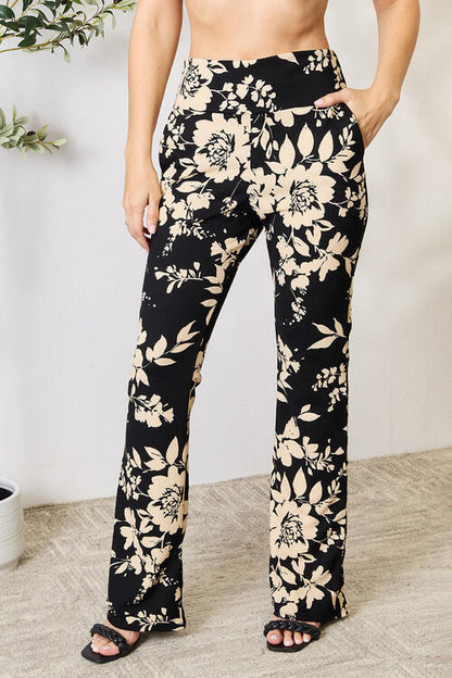 High Waist Floral Flare Pants Black/Taupe - Tigbuls Variety Fashion