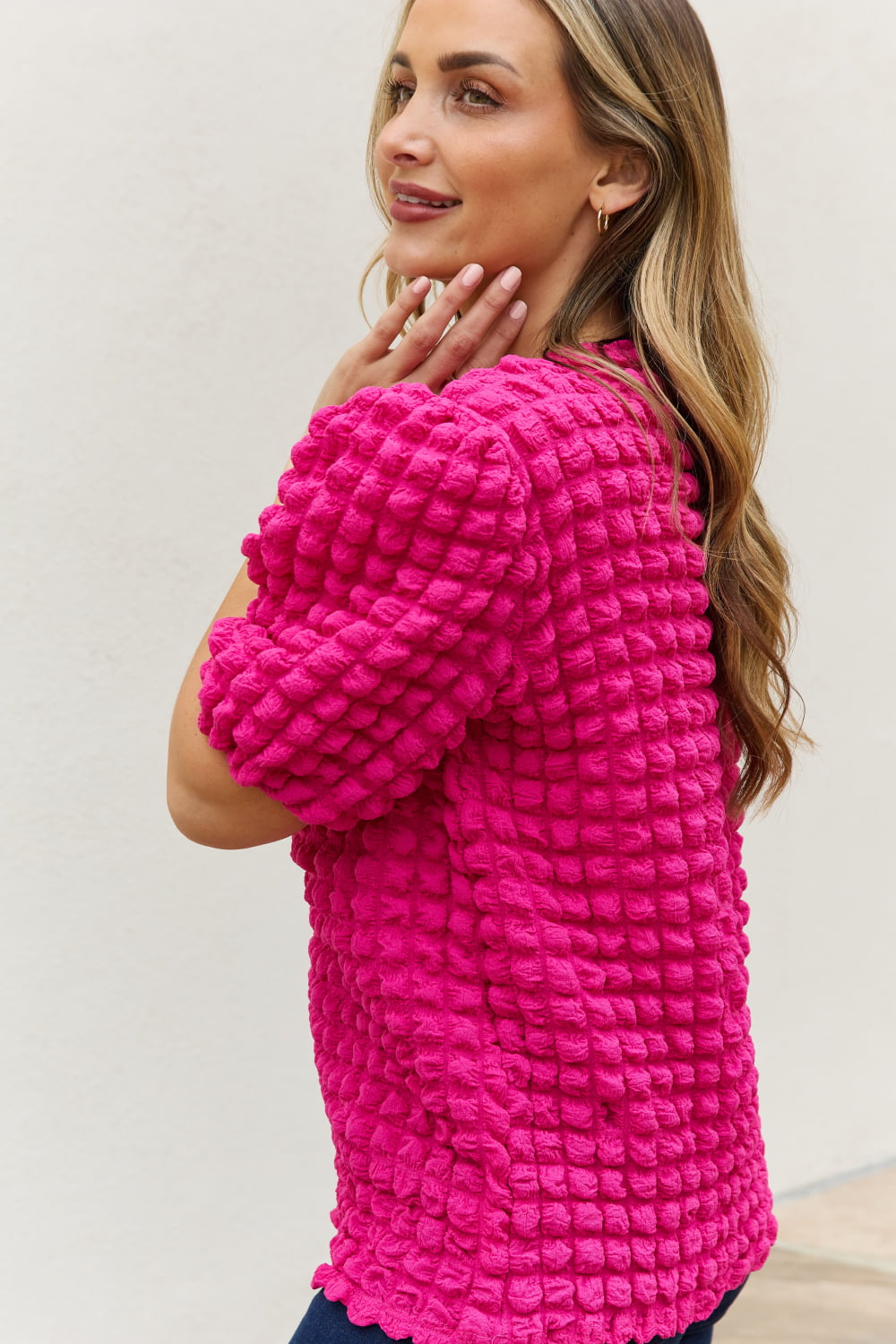 Hot Pink Bubble Textured Puff Sleeve Top - Tigbul's Fashion