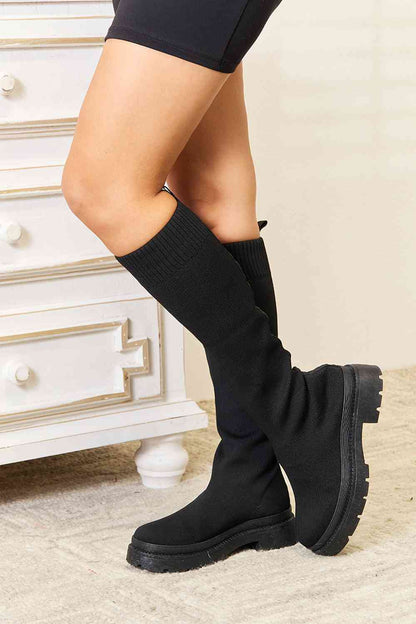 Black Knee-High Platform Sock Boots - Tigbuls Variety Fashion