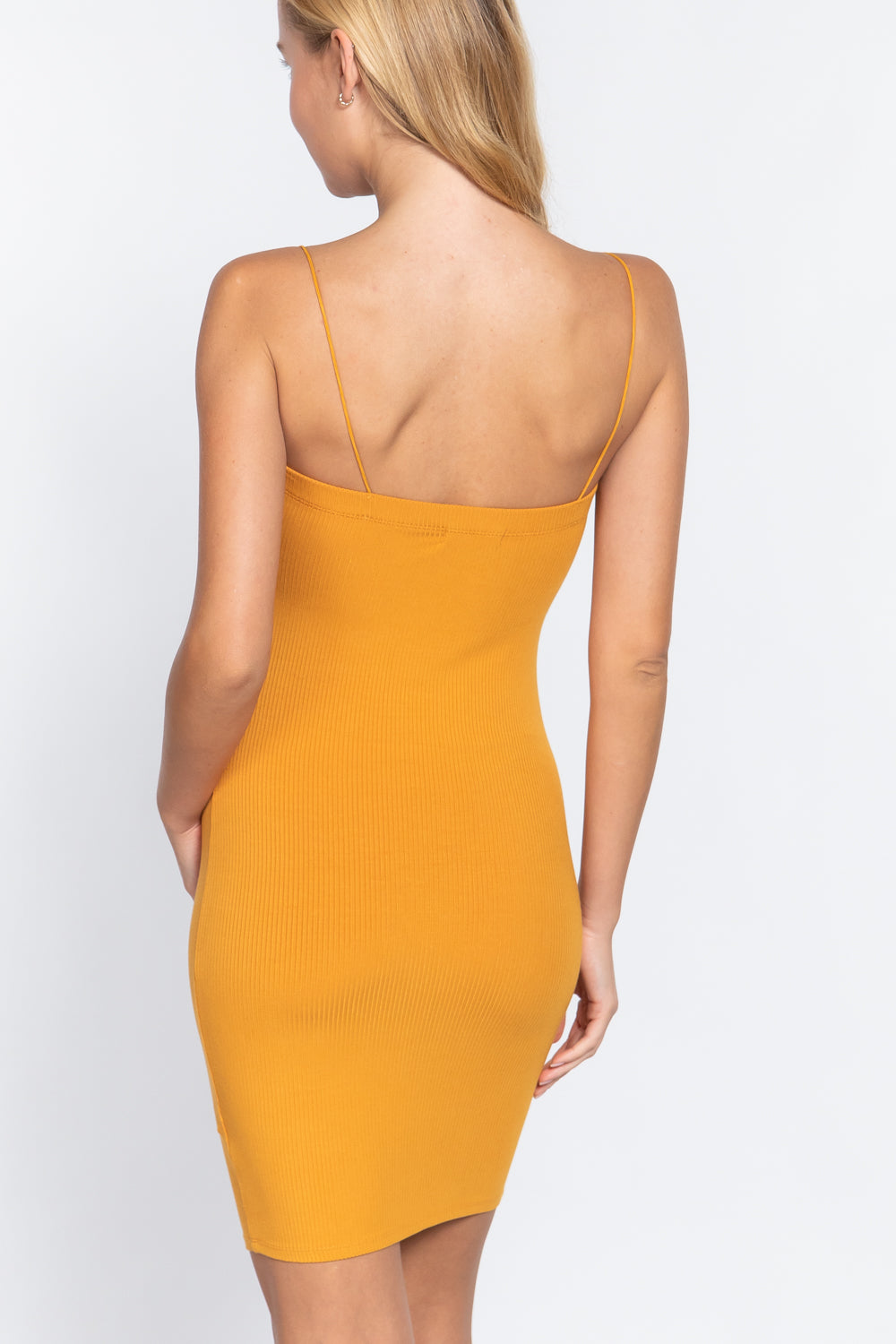 Back view of cami heavy rib mini dress in mango orange, thin straps, fitted mini