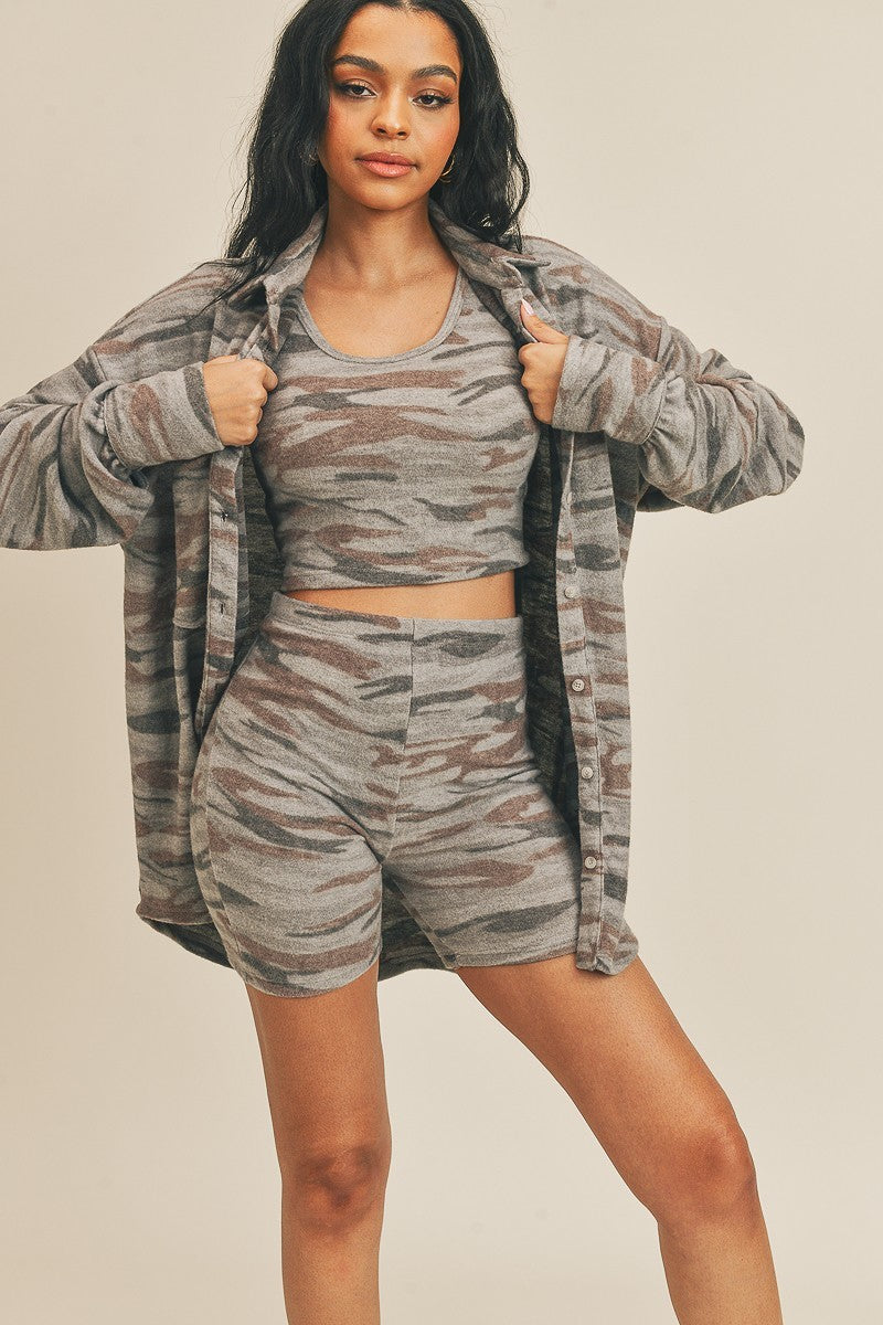 Camo sleeveless crop tank, matching shorts, open button-front cardigan