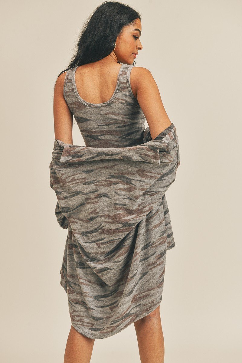 Back view of camo three-piece: racerback crop tank, shorts, and draped cardigan