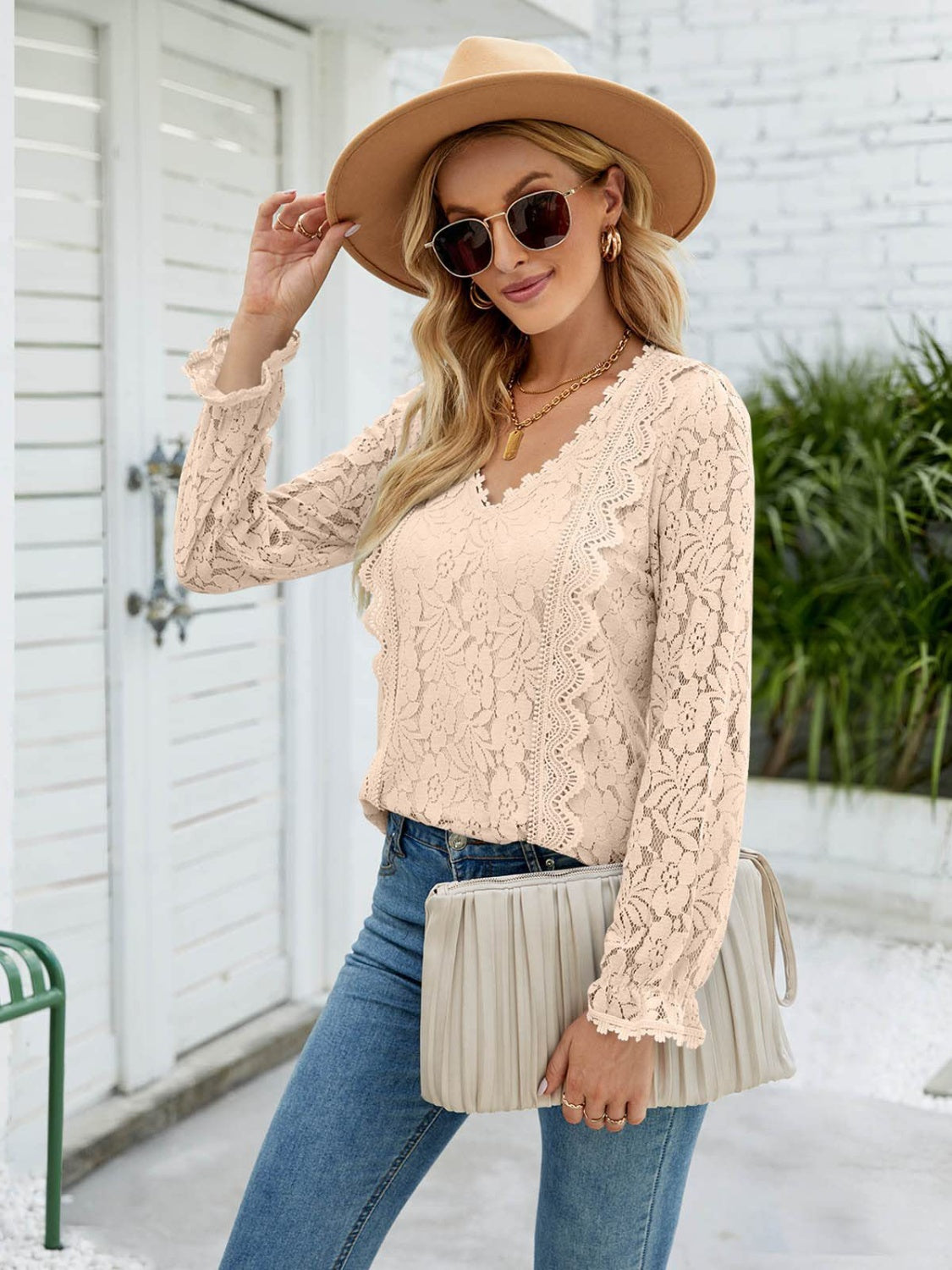 Lace V-Neck Flounce Sleeve Blouse - Tigbuls Variety Fashion