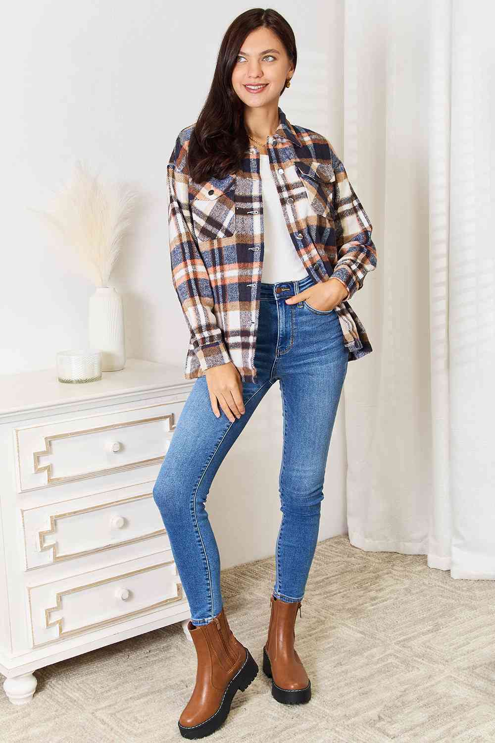 Double Take Plaid Button Front Shirt Jacket with Breast Pockets - Tigbuls Variety Fashion