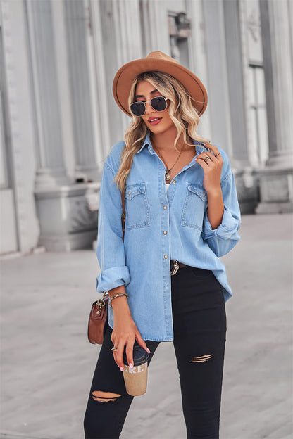 Collared Neck Dropped Shoulder Denim Top - Tigbul's Fashion