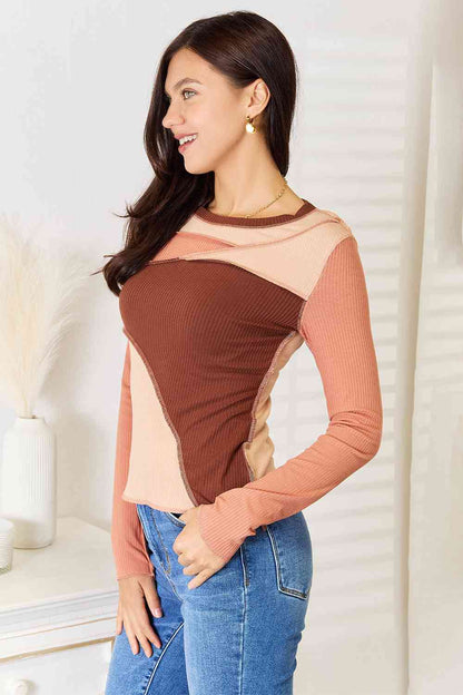 Double Take Color Block Exposed Seam Long Sleeve Top - Tigbuls Variety Fashion