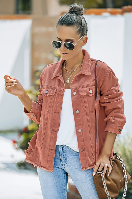 Distressed Raw Hem Denim Jacket - Tigbul's Fashion