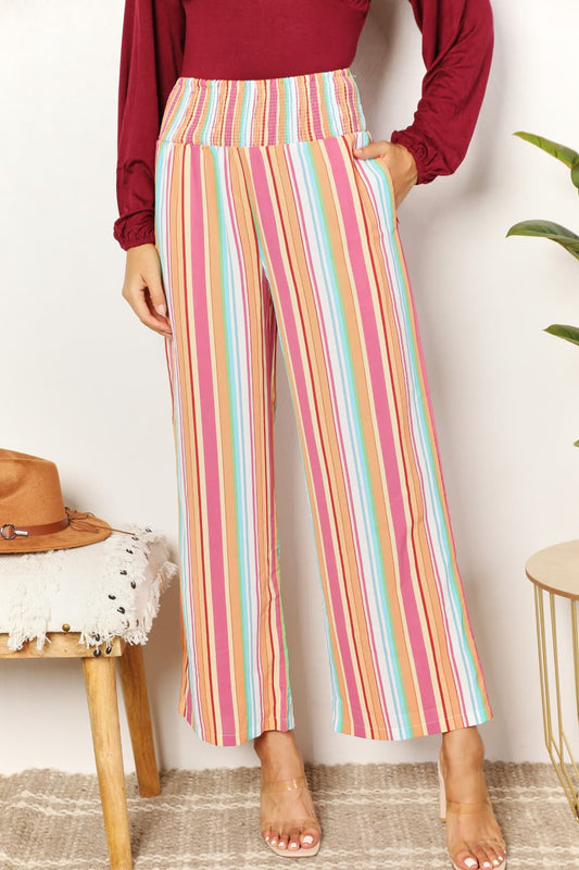 Double Take Striped Smocked Waist Pants with Pockets - Tigbuls Variety Fashion