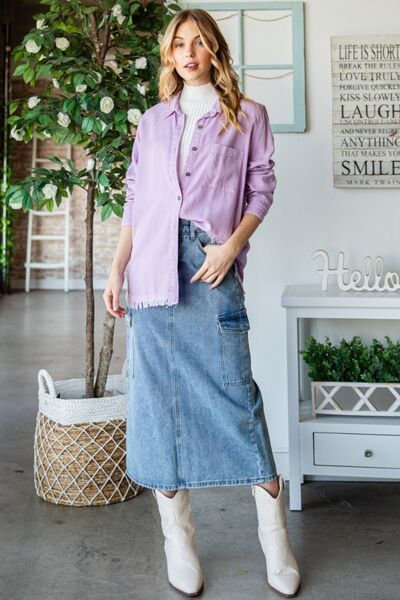 Lavender Raw Hem Button Up Long Sleeve Shirt - Tigbuls Variety Fashion
