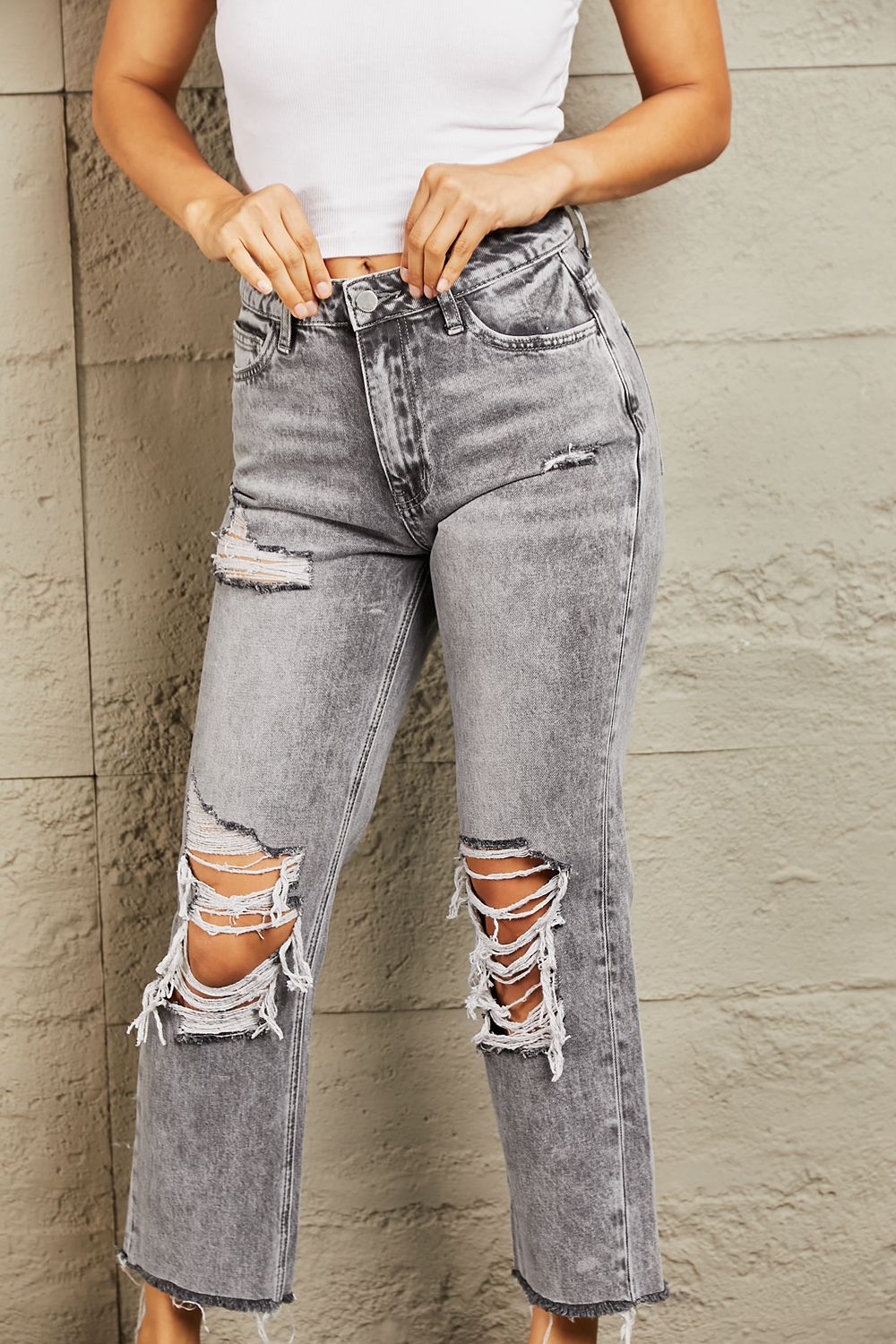 BAYEAS Acid Wash Distressed Cropped Straight Jeans - Tigbul's Fashion