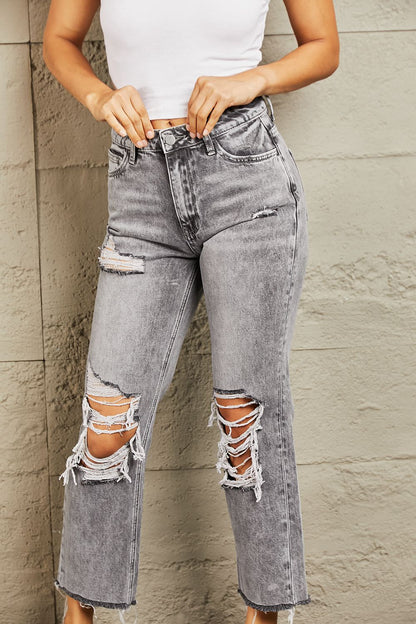 Heather Gray Acid Wash Distressed Cropped Straight Jeans - Tigbul's Fashion