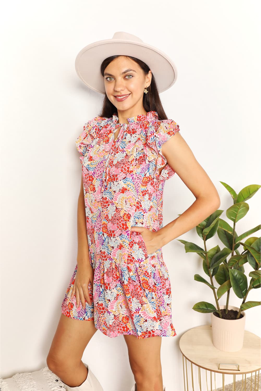Double Take Floral Tie Neck Cap Sleeve Dress - Tigbuls Variety Fashion