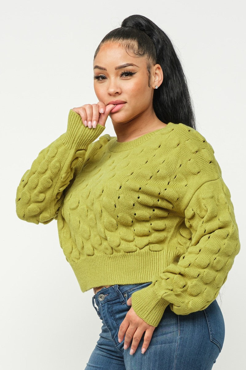 Lime green textured checker-knit sweater with cuffed long sleeves, crew neck
