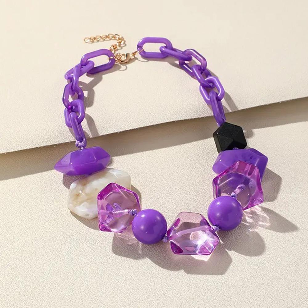 Purple chunky beaded oval link necklace with faceted beads, black cube accent and gold clasp