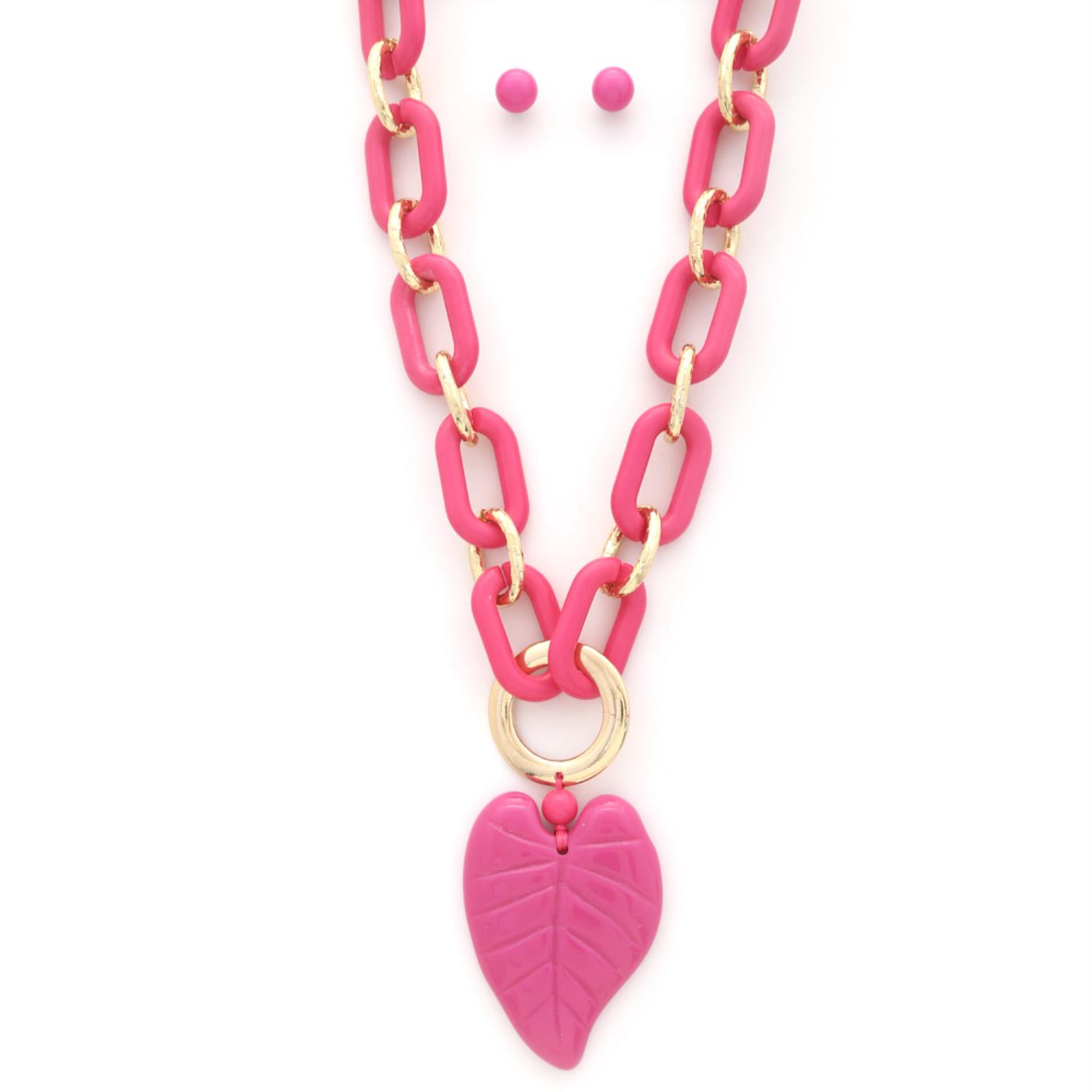 Chunky Color Acrylblatt-Anhänger-Halskette mit pinken Gliedern und rosa Blatt-Pendant