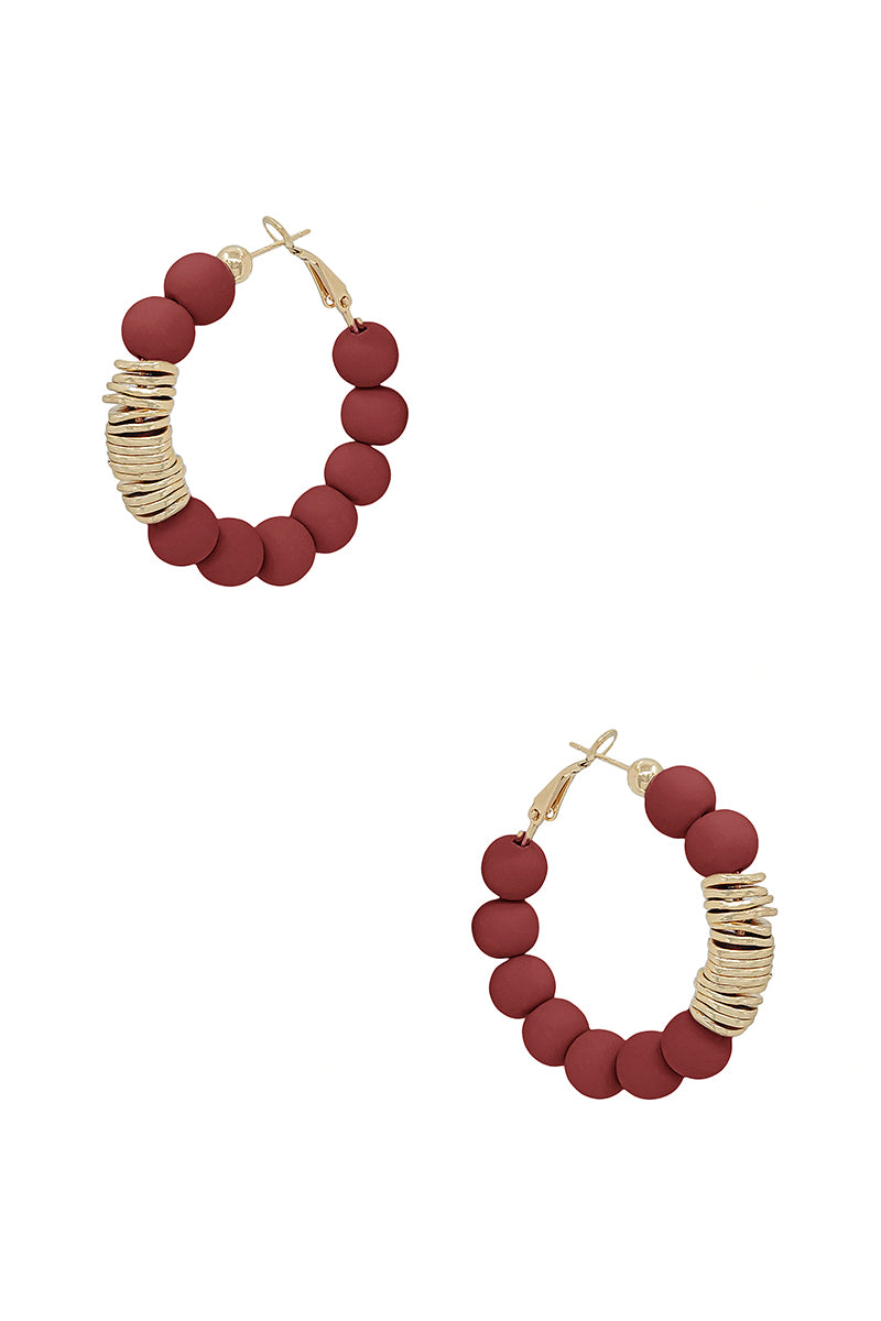 Wine clay bead hoop earrings with gold metal accent segments