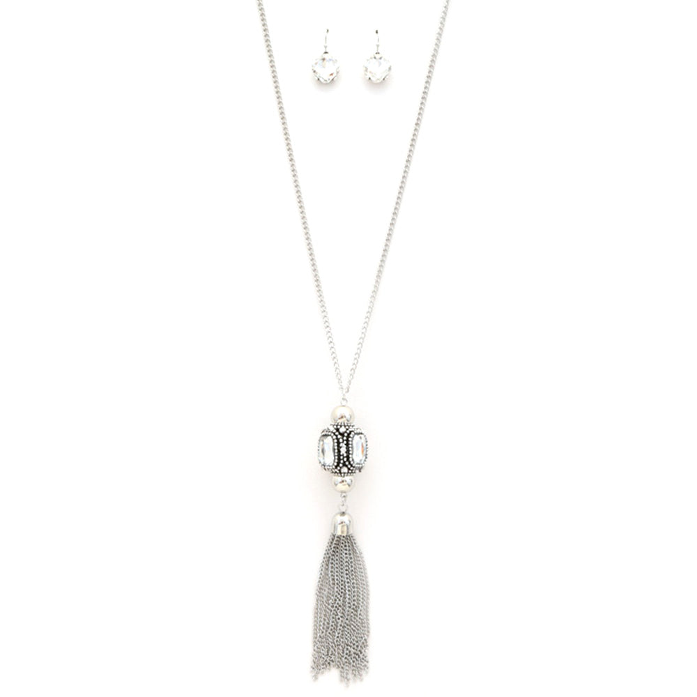 Silver rhinestone cube tassel necklace with long chain and dangling mesh tassel charm
