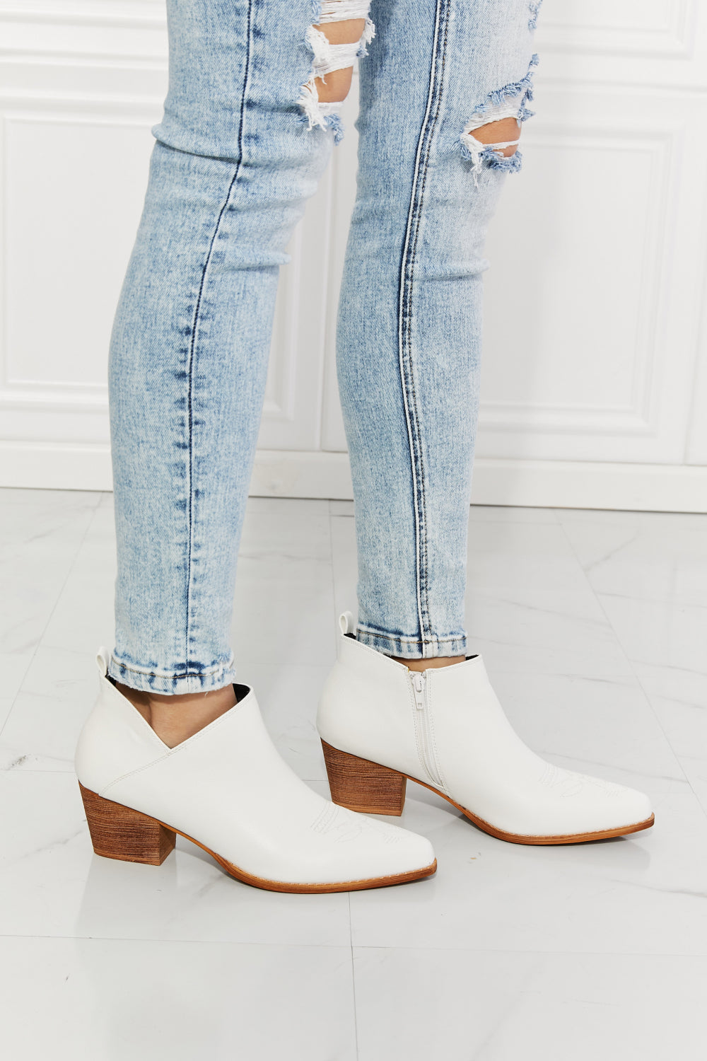 MMShoes Trust Yourself Embroidered Crossover Cowboy Bootie in White - Tigbul's Fashion