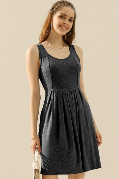 Doublju Full Size Round Neck Ruched Sleeveless Dress with Pockets - Tigbuls Variety Fashion