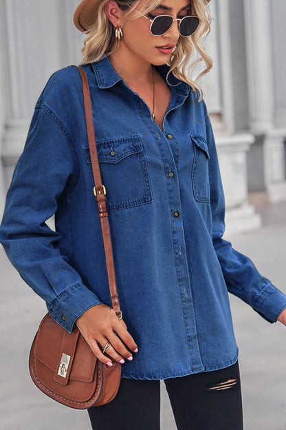 Collared Neck Dropped Shoulder Denim Top - Tigbul's Fashion