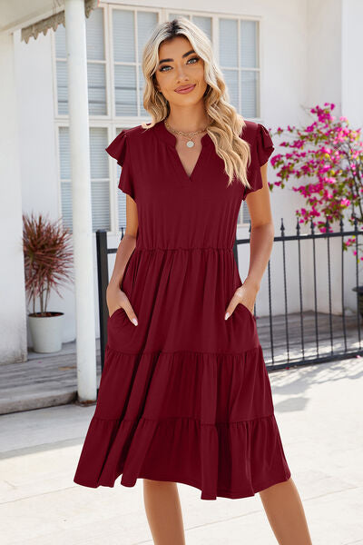 Ruched Notched Cap Sleeve Dress - Tigbuls Variety Fashion