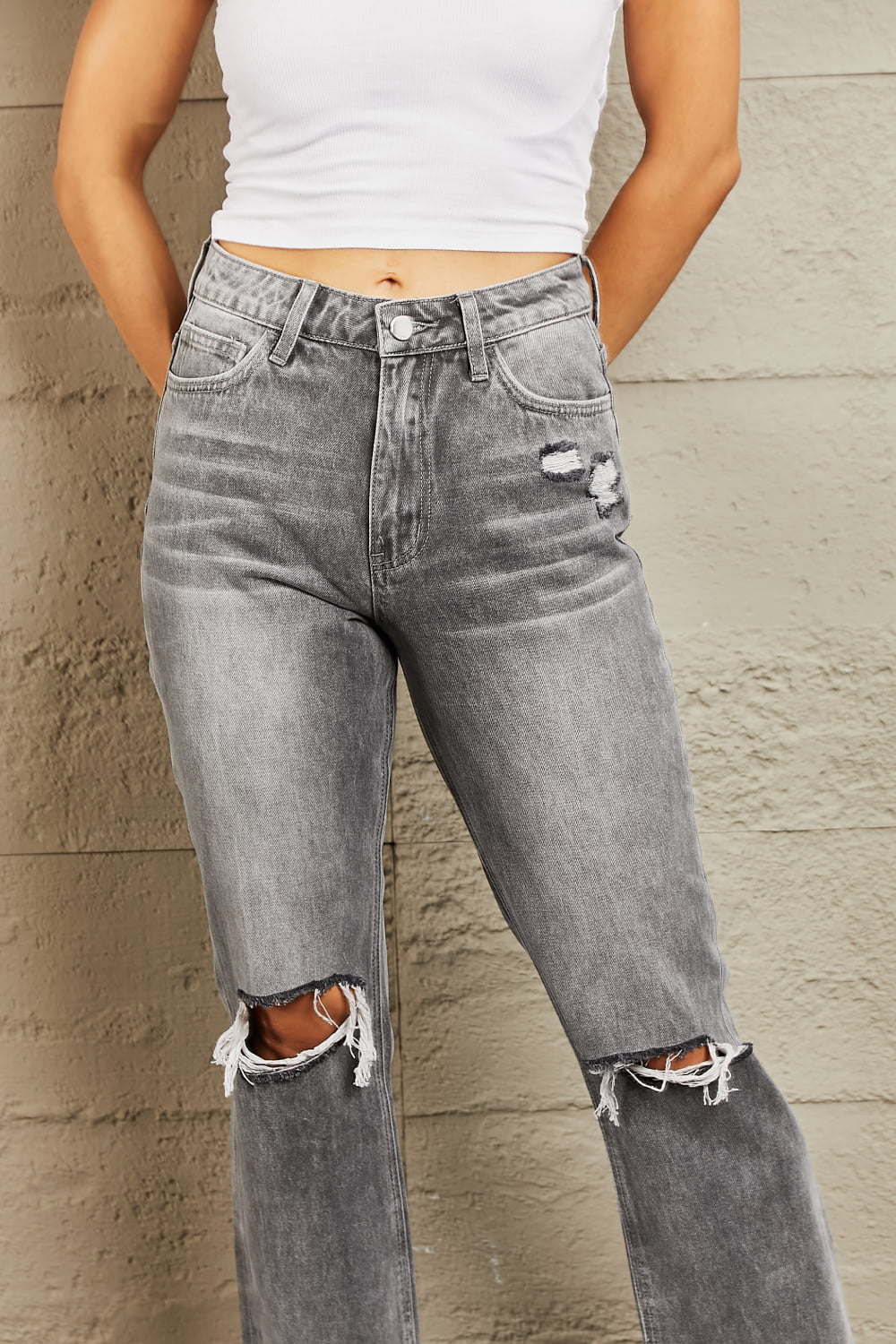 BAYEAS Stone Wash Distressed Cropped Straight Jeans - Tigbul's Fashion