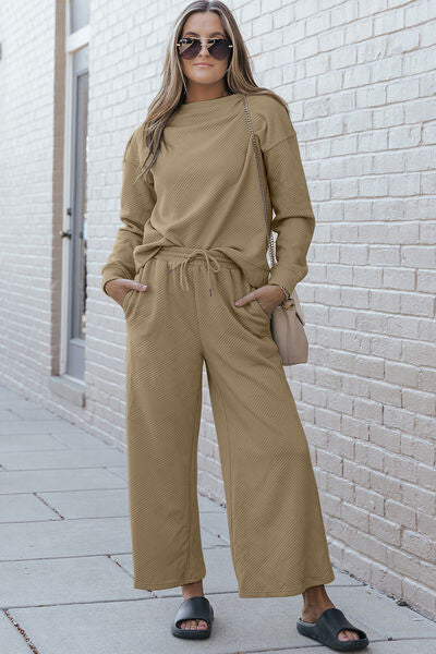 Double Take Full Size Textured Long Sleeve Top and Drawstring Pants Set - Tigbuls Variety Fashion