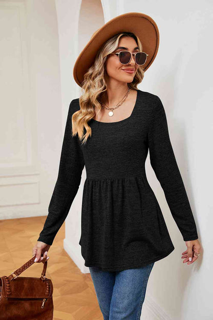 Square Neck Long Sleeve Peplum Top - Tigbuls Variety Fashion